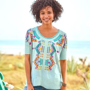 Sundance Top XL Better days Women’s Teal Embroidered Casual Tee Boho Cotton
